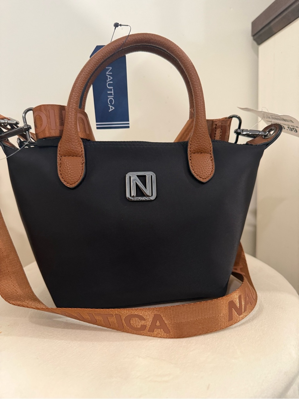 Nautica Black & Brown Mini Tote with Adjustable Logo Strap
